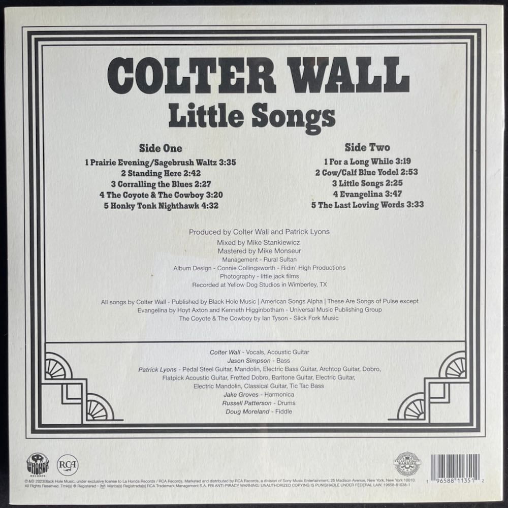 ben Anger Græder Colter Wall, Little Songs, Limited Blue Colored Vinyl, LP, RCA, 2023